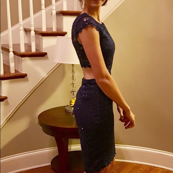 Navy sequin dress with lace over lay - Picture 2 of 3
